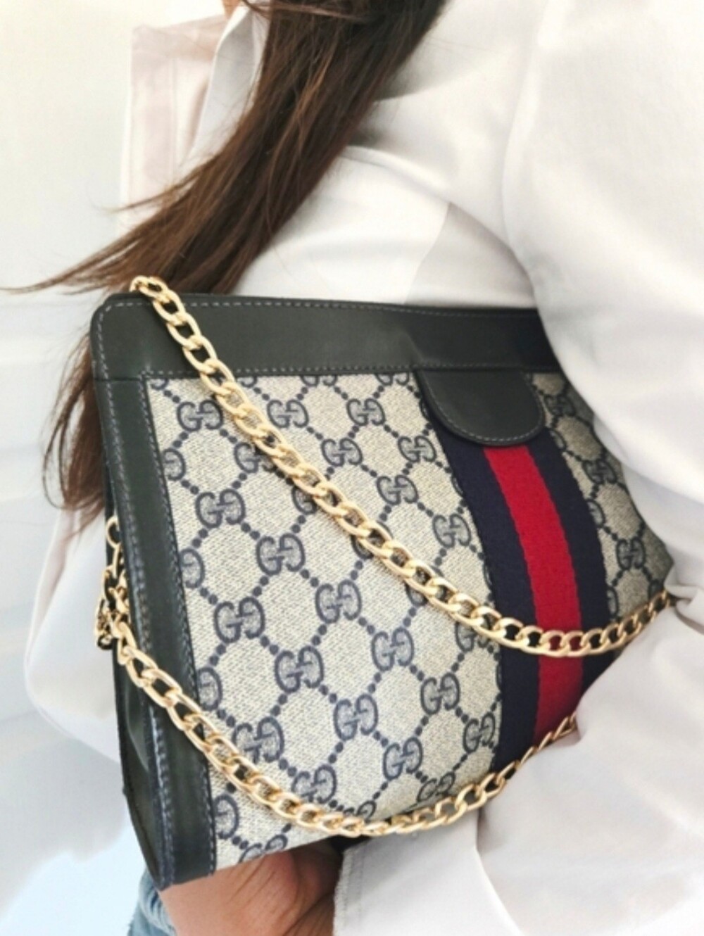 Authentic GUCCI GG Logo Vintage Clutch WOC‎ Crossbody Leather Shoulder Bag Blue